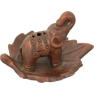 Ceramic/Terra Cotta Elephant on a Leaf Incense Holder