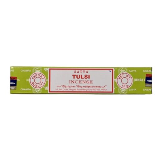 Satya brand incense sticks - tulsi scent, 15g (about 15 sticks) per box.
