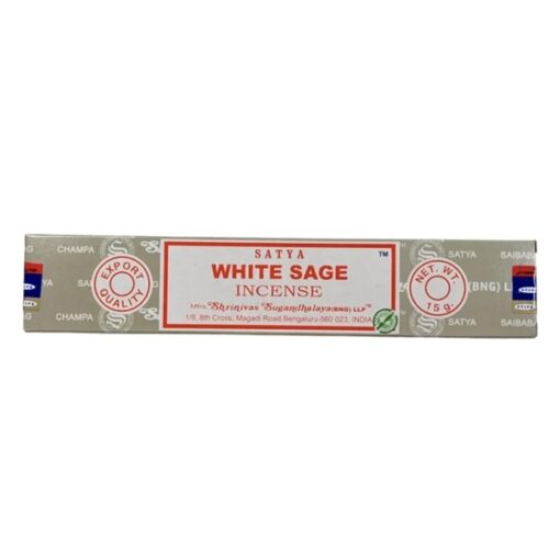Satya brand incense sticks - white sage scent, 15g (about 15 sticks) per box.