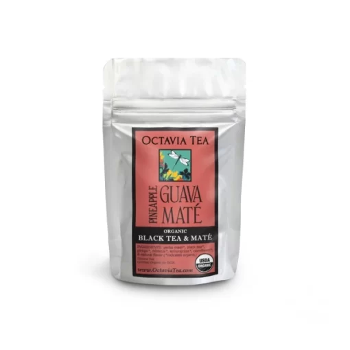 Pineapple Guava Mate Tea - Sample Packaging: Samples are packaged in resealable foil bags, containing approximately 6 teaspoons (2 tablespoons) of loose-leaf tea. Each sample brews 2-6 cups, depending on the desired strength.