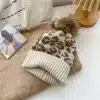 Beige Leapoard Print Pom Pom Beanie