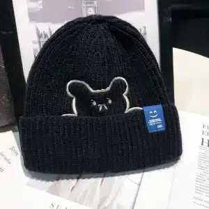 Black Hugging Bear Knit Beanie Cap