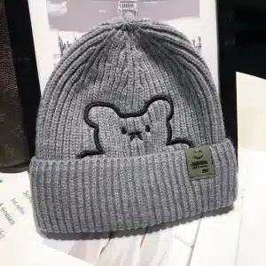 Gray Hugging Bear Knit Beanie Cap