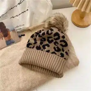 Kahki Leapoard Print Pom Pom Beanie