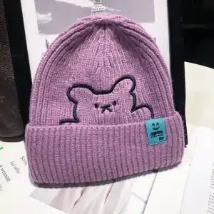 Purple Hugging Bear Knit Beanie Cap