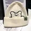 White Hugging Bear Knit Beanie Cap